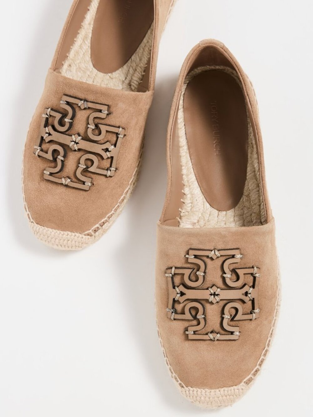 NEW TORY BURCH LOGO INES ESPADRILLES sz 8.5 BROWN SUEDE LEATHER SHOES
